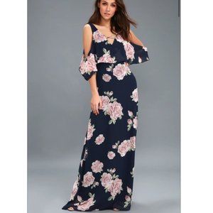 Lulus Navy Blue Floral Cold Shoulder Maxi Dress